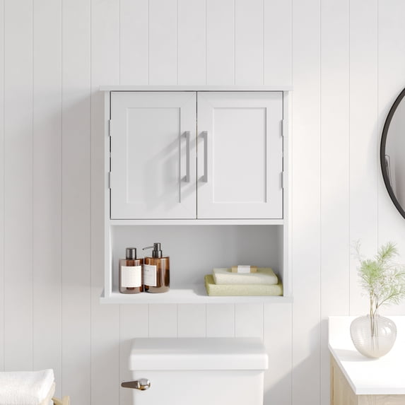 Flash Furniture Wall Mounted Bathroom Medicine Cabinet Storage Organizer with Two Magnetic Closure Doors, Adjustable Shelf, and Lower Open Shelf in White