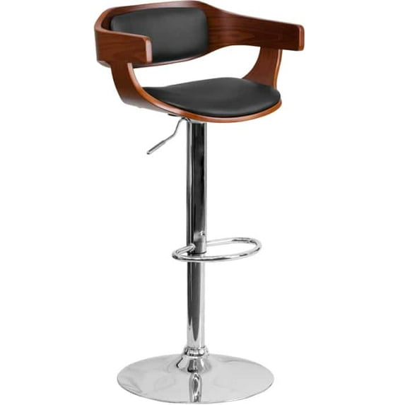 Flash Furniture Walnut Bentwood Adjustable Height Barstool with Wrap Style Arms and Black Vinyl Seat
