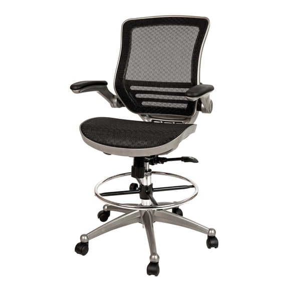 Flash Furniture Waylon Mid-Back Transparent Black Mesh Drafting Chair with Graphite Silver Frame and Flip-Up Arms