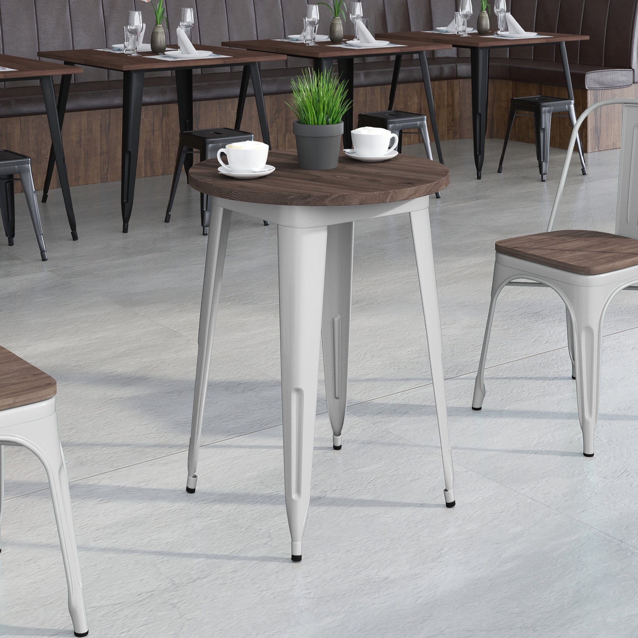 24" Round Silver Metal Dining Table with Walnut Wood Top
