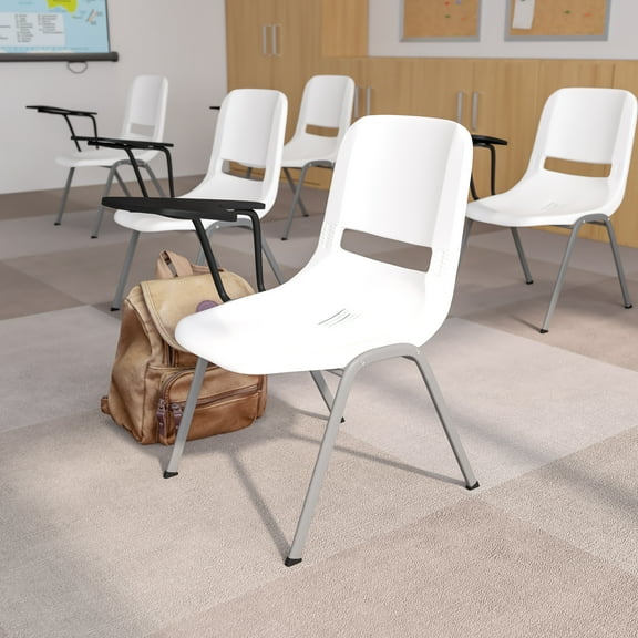 Flash Furniture White Ergonomic Shell Chair with Right Handed Flip-Up Tablet Arm