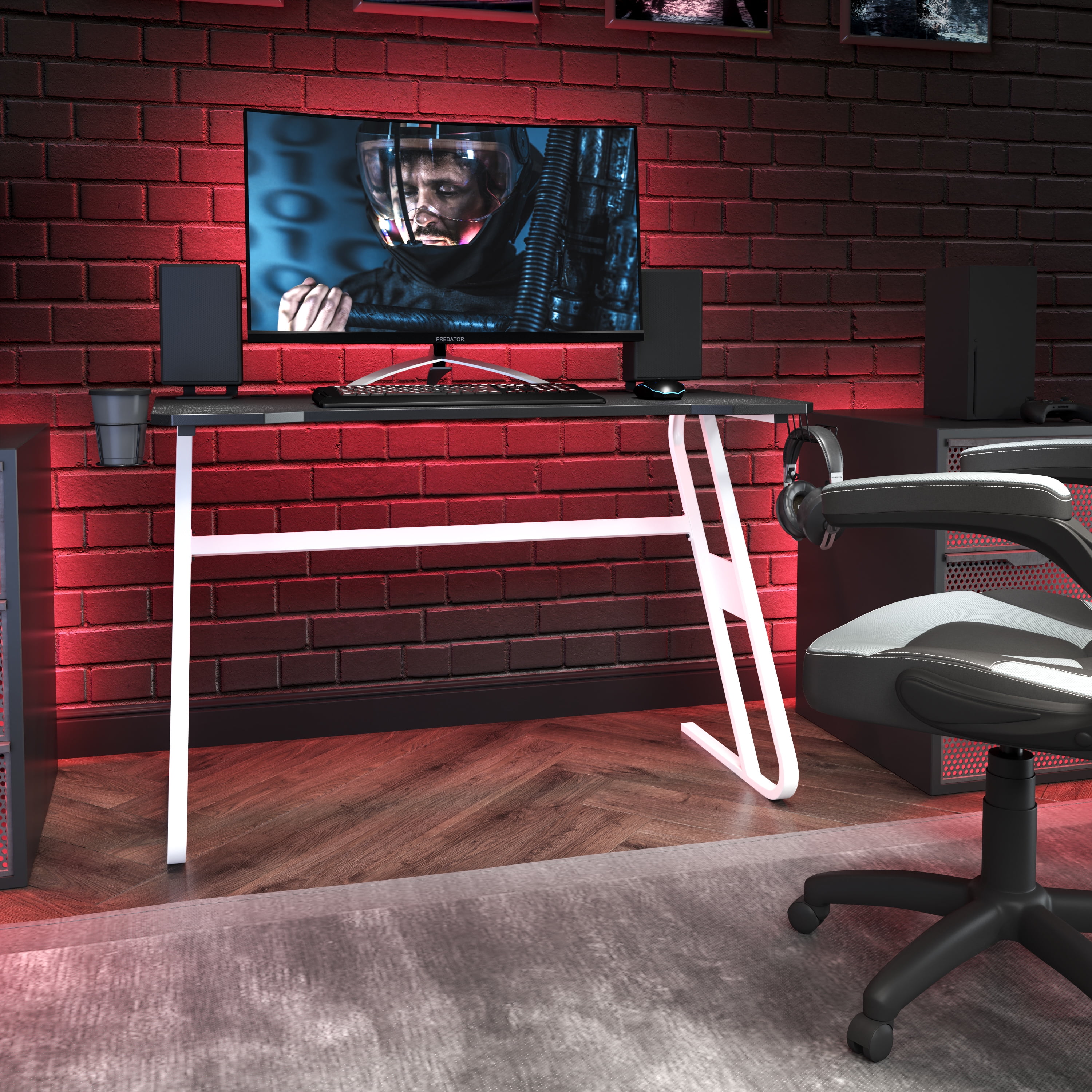 Sleek 51.5'' Black and White Z-Shape Ergonomic Gaming Desk with Cup Holder