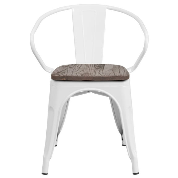 Flash Furniture White Metal Chair with Wood Seat and Arms