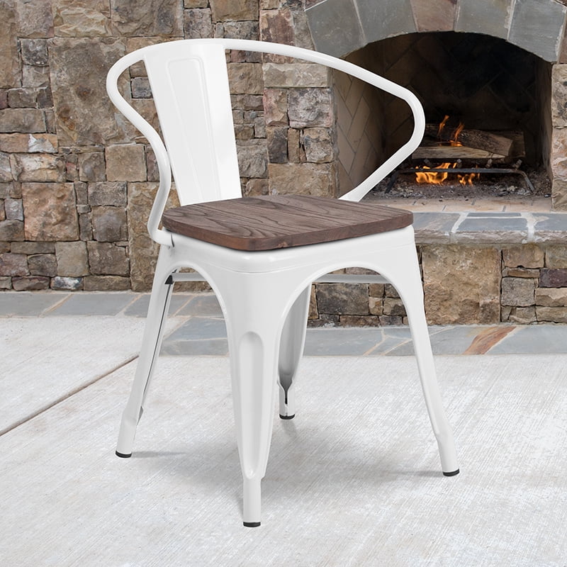 Modern Rustic White Metal Bistro Chair with Wood Seat and Arms