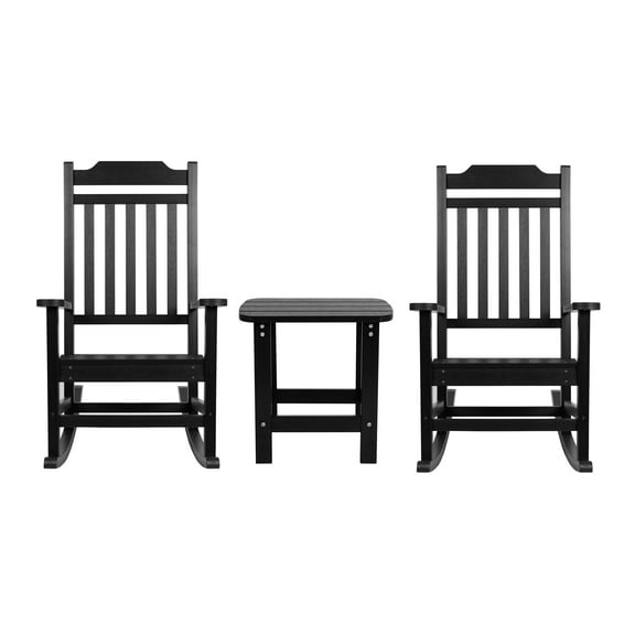 Flash Furniture Winston 3-Piece Poly Resin Rocking Patio Chair and Side Table Set, Black