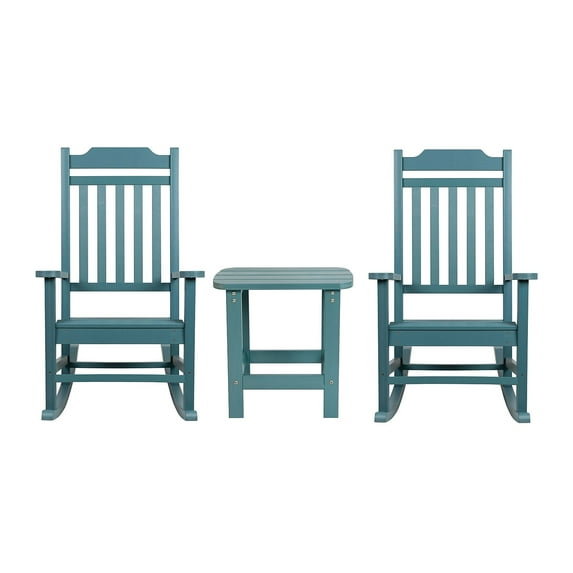 Flash Furniture Winston 3-Piece Poly Resin Rocking Patio Chair and Side Table Set, Teal