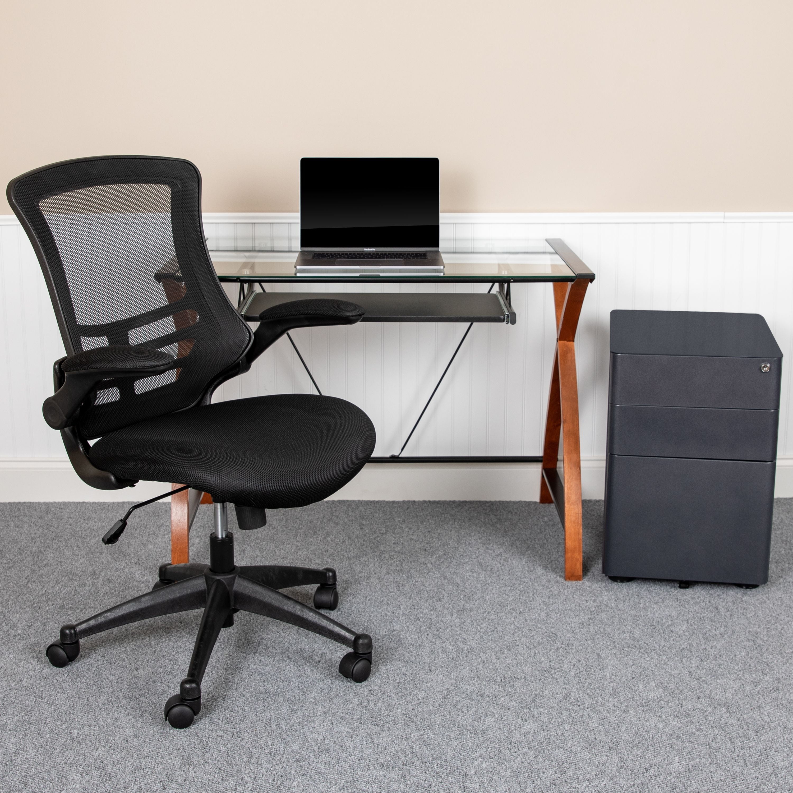 Cherry and Black 3-Piece Modern Home Office Set with Glass Desk