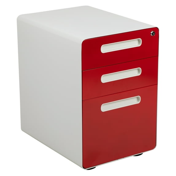 Flash Furniture Wren Ergonomic 3-Drawer Mobile Locking Filing Cabinet with Anti-Tilt Mechanism & Letter/Legal Drawer, White with Red Faceplate