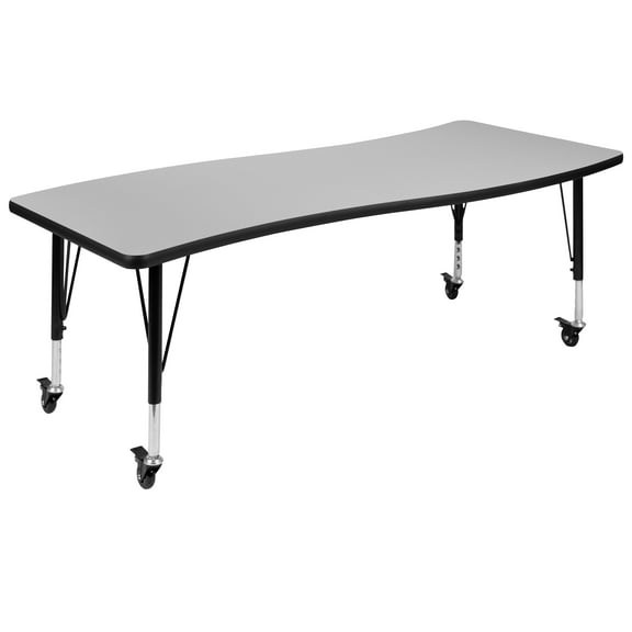 Flash Furniture Wren Mobile 26"W x 60"L Rectangle Wave Flexible Collaborative Grey Laminate Activity Table - Height Adjust Short Legs