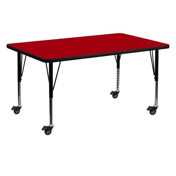 Flash Furniture Wren Mobile 30''W x 60''L Rectangular Red Thermal Laminate Activity Table - Height Adjustable Short Legs