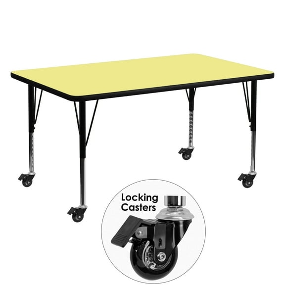 Flash Furniture Wren Mobile 30''W x 60''L Rectangular Yellow Thermal Laminate Activity Table - Height Adjustable Short Legs