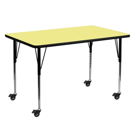 Flash Furniture Mobile 30''W x 60''L Rectangular Yellow Thermal Laminate Activity Table - Standard Height Adjustable Legs