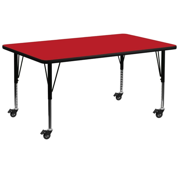 Flash Furniture Wren Mobile 30''W x 72''L Rectangular Red HP Laminate Activity Table - Height Adjustable Short Legs
