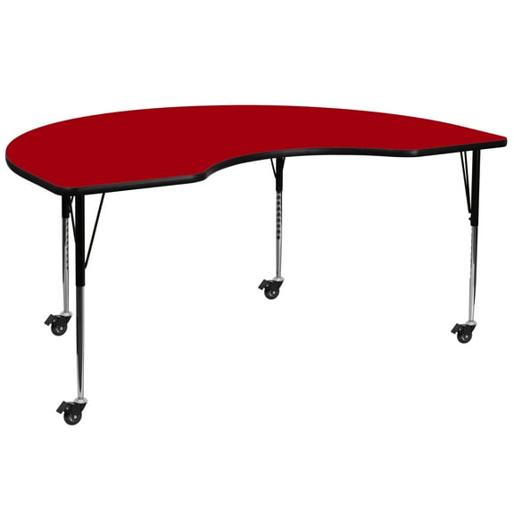 Flash Furniture Wren Mobile 48''W x 72''L Kidney Red Thermal Laminate Activity Table - Standard Height Adjustable Legs