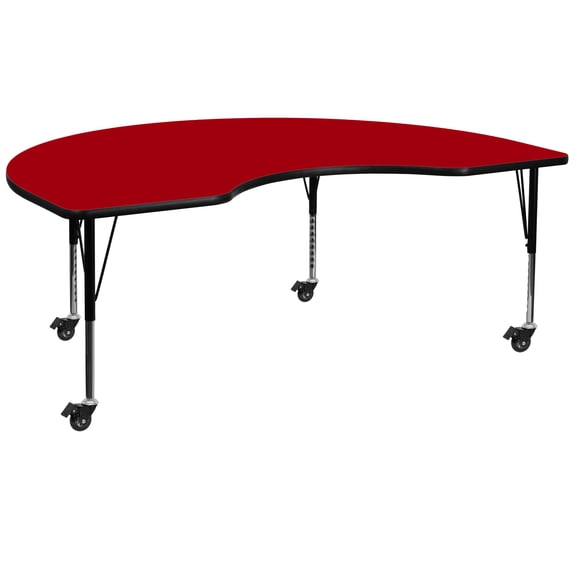 Flash Furniture Wren Mobile 48''W x 96''L Kidney Red Thermal Laminate Activity Table - Height Adjustable Short Legs