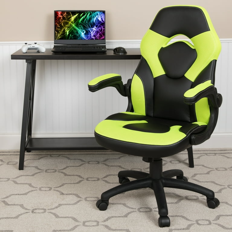 Flash Furniture X10 Gaming Chair Racing Office Ergonomic Computer PC Adjustable Swivel Chair with Flip up Arms Neon Green Black LeatherSoft