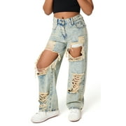 Happy Cherry Girls Elastic Waist Ripped Jeans Kids Baggy Denim Trousers Cool Loose Pants Wide Leg with Pockets 13-14 Years