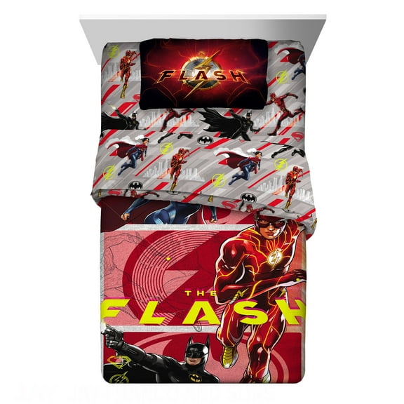 The Flash Kids 4 Piece Red Gray Reversible Comforter, Bed in a Bag, Twin