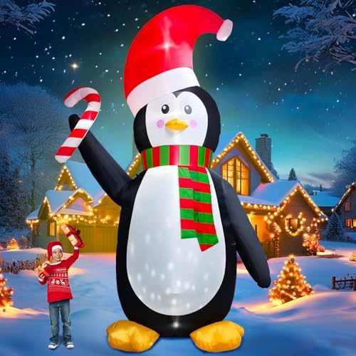 [Flash Light] 12FT Giant Christmas Inflatable Penguin Wear Santa Hat ...