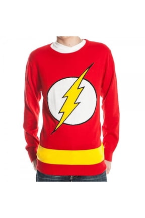 Flash (DC Comics) Mens Knit Sweater - Yellow Bolt in White Circle Logo Image