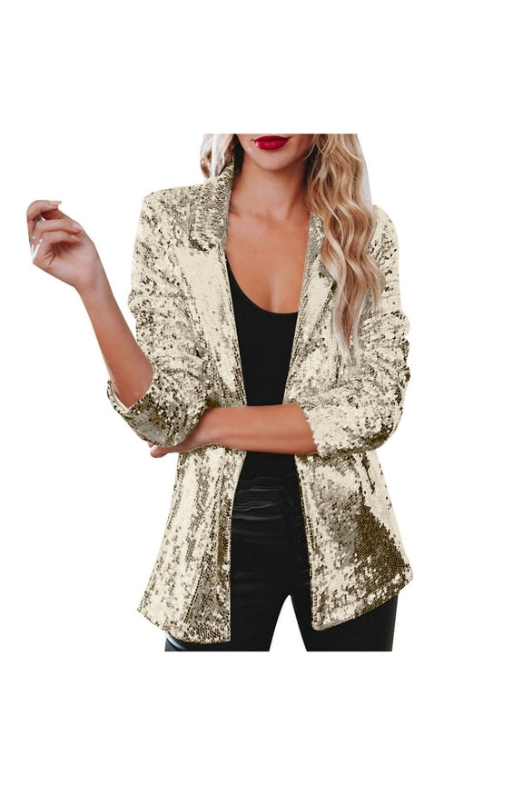 Flash Pick Olyvenn Women Sequin Blazer Long Sleeve Open Front Party Work Office Lady Suit Jacket Outwear Yellow 4