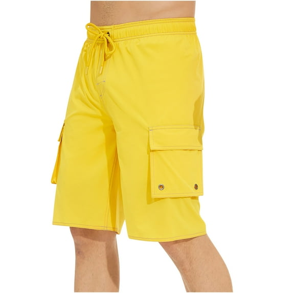 HOOMEUMY Men's Summer Beach Shorts Quick Dry Swim Trunks with Pockets Cargo Shorts Drawstring Bathing Suits Yellow XL