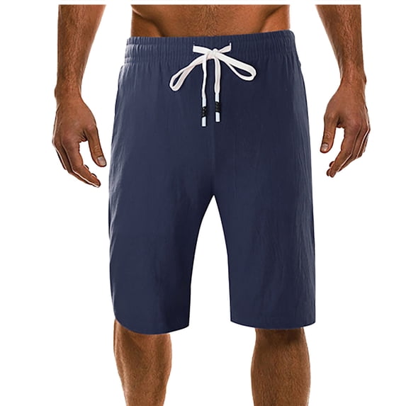 Flash Picks HOOMEUMY Men's Summer Linen Shorts Drawstring Elastic Waist Solid Color Bermuda Beach Shorts with Pockets Navy 8