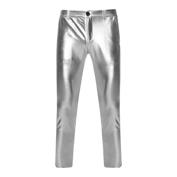 Flash Picks Olyvenn Men's Metallic Shiny Gold Disco Pants Straight Leg Prom Party Clubwear Trousers Silver 14