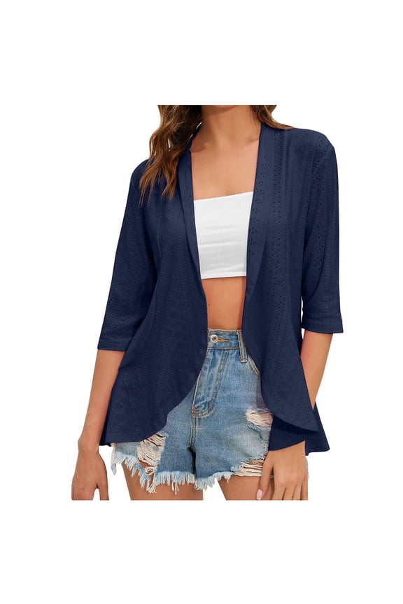 Flash Picks Olyvenn Women's 3/4 Sleeve Lapel Hollow out Blazer Cardigan Open Front Lightweight Shrug Outwear Bolero Blazer Cardigan for Women Trendy 2024 Navy 4