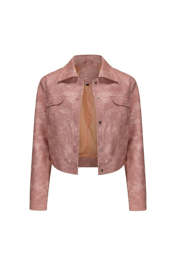 Flash Picks Olyvenn Women's Faux Leather Jacket Cropped Denim Jacket Button Up Short Sleeve Outwear Pink 4