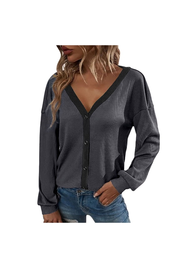 Flash Picks Olyvenn Women's V-Neck Long Sleeve Button Down Ribbed Knitted Cardigan Sweater Tops Contrast Color Slim Fit Basic Outwear Gray 6