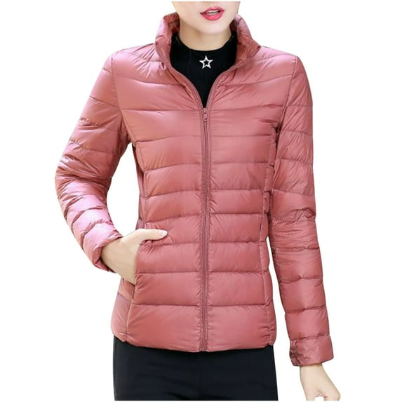 Flash Picks Olyvenn Women's Winter Stand Collar Lightweight Down Jackets Solid Color Zipper Pockets Slim Puffer Coat Warm Outwear Pink 18