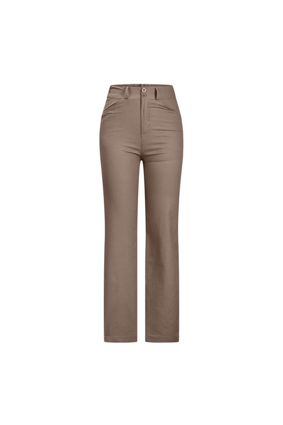 Flash Picks SMihono Cotton Linen Pants for Ladies Love Slim Fit Stretch Daily Women's Fashion Casual Solid Color Split Mid Waist Loose No Belt Elasticity Wide Leg Long Pants Khaki 6