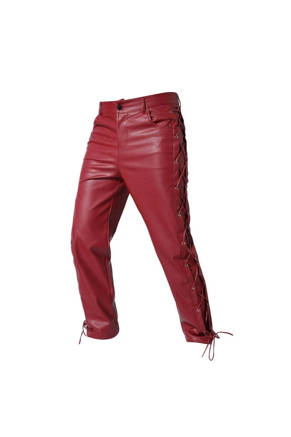 Flash Picks SMihono Men's Punk Gothic Red Black Faux Leather Pants Side Lace Up Trousers Medieval Vintage Pants