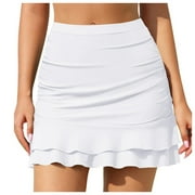 Flash Picks SMihono Women's Ruffle Hem Swim Skirt High Waisted Swimsuit Skirt Modest Athletic Skort with Shorts Beach Tennis Skirts White M