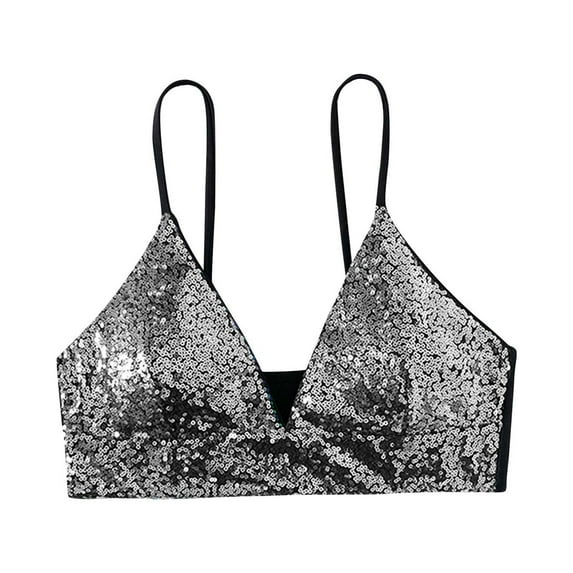 Flash Picks SMihono Women's Trendy V Neck Sequin Crop Top Party Clubwear Sparkly Glitter Bra Rave Festival Tank Gray S