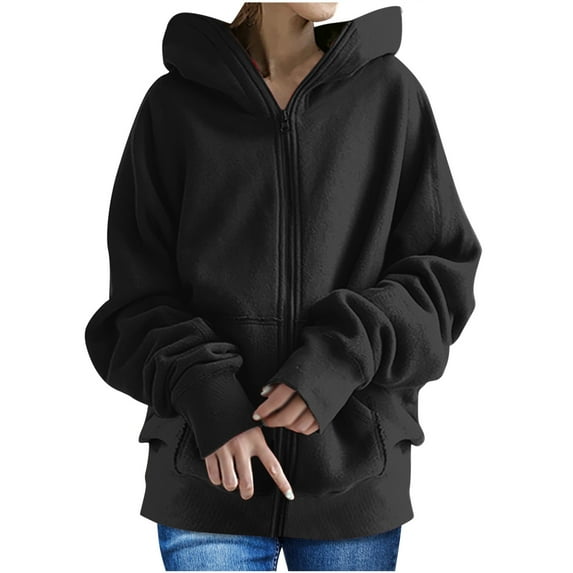Flash Picks Sale Christmas Juebong Women's Solid Color Hoodie Zipper Long Sleeve Sweatshirts Long Coat Tops With Pockets