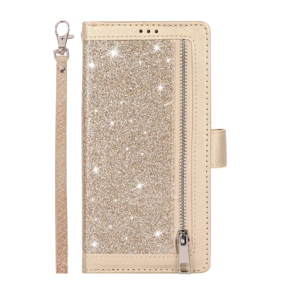 Flash Powder Multi Card is suitable for Samsung A20E phone case, magnetic handbag zipper pocket PU leather flip cover, with 9 card slots and wristband, split TPU inner bracket phone case