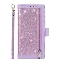 Flash Powder Multi Card is suitable for iPhone 14 Pro phone case, magnetic handbag zipper pocket PU leather flip cover, with 9 card slots and wristband, split TPU inner bracket phone case