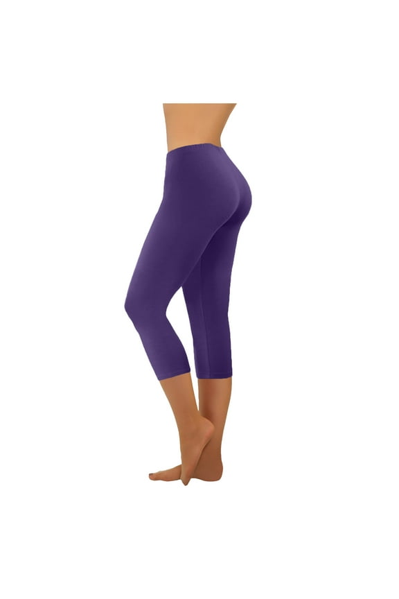 Womens Workout Leggings 3/4 Length High Waisted Stretchy Running Yoga Pants Butt Lifting Casual Athletic Tights Basic Solid Seamless Gym Legging Purple M