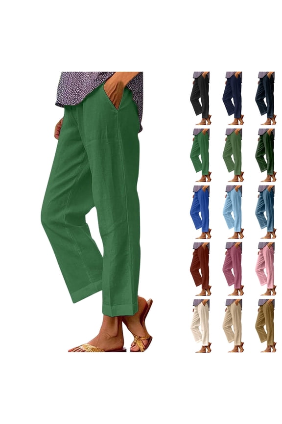 Cotton Linen Cropped Pants for Women Summer Elastic Waist Straight Wide Leg Beach Pants Plus Size Lounge Trouser with Pockets Sky Blue XXXXL