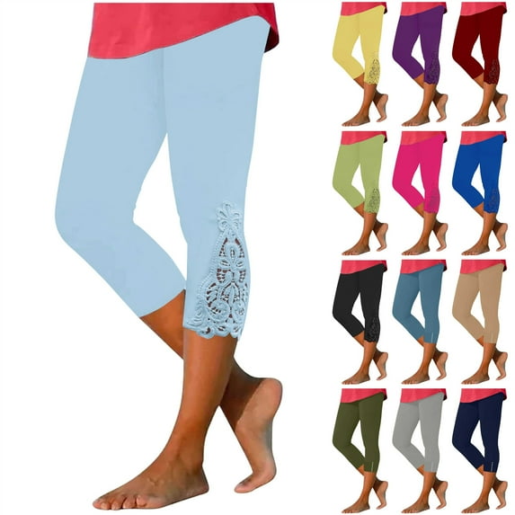 lcziwo Capri Leggings for Women Summer Tummy Control Knee Length Cropped Pants Casual Lace Splicing Cutout Tight Capris Solid Lounge Pajamas Mint Green L