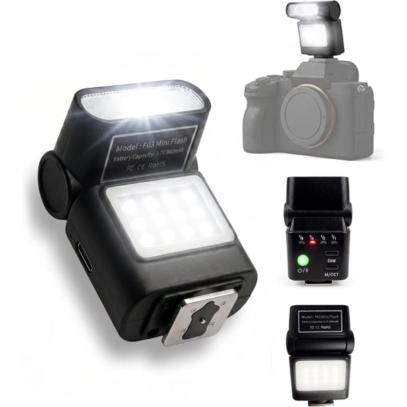 Flash Speedlite with Video Light, GN8 -Camera Flash, 4 Power Levels, 90 Angle Adjustable, Single-Contact Hot Shoe Flash for ////Pentax DSLR Mirrorless