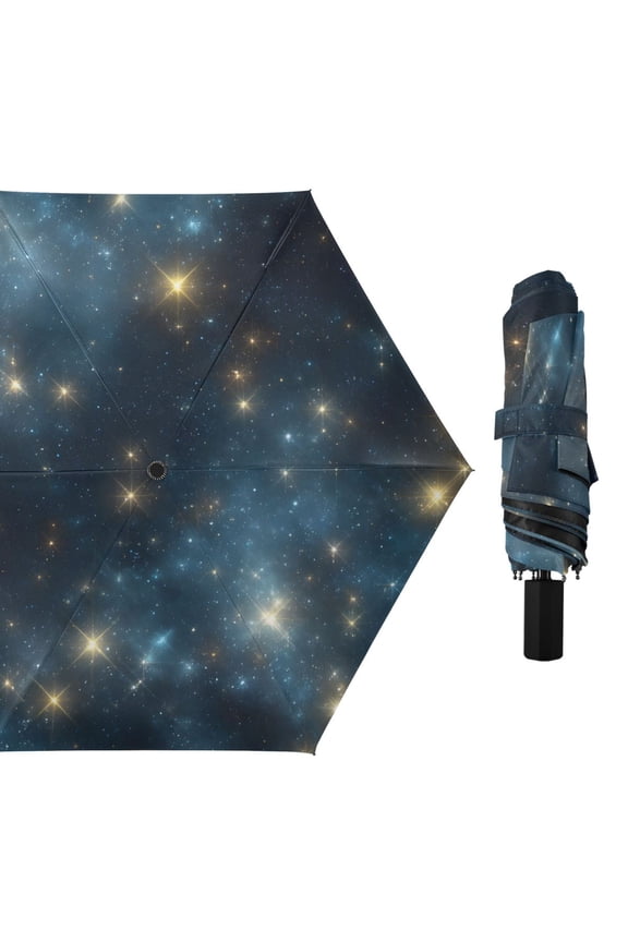 Flash Stars in Night All Weather Umbrella Triple Folding Parasol 6 Ribs UV Protection Portable