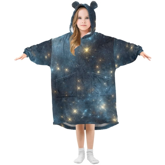 Flash Stars in Night Flannel Wearable Blankets Hooded Design Long Sleeves Wrap Unisex for 3T-14Y S