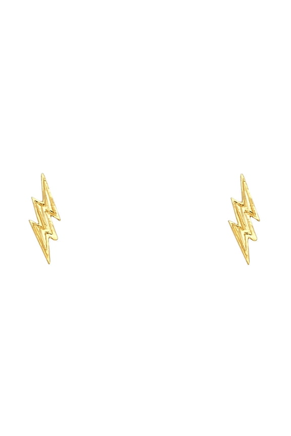 Flash Symbol Stud Earrings Solid 14k Yellow Gold Thunder Lightning Post Studs Diamond Cut 13 x 4 mm