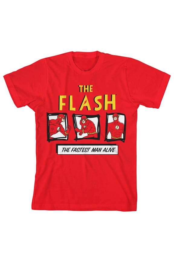 Flash The Fastest Man Alive Text with Doodle Art Youth Boy's Red T-Shirt-Large