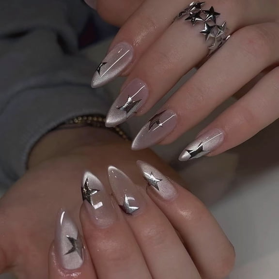 Flash cat's eye short almond nail piece fake nail wholesale 3D three-dimensional silver star nail piece wearing nail