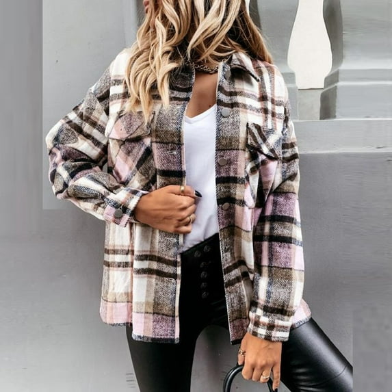 Flash picks! Turilly Women's Casual Fashion Woolen Plaid Shirt Pocket Long Sleeve Jacket