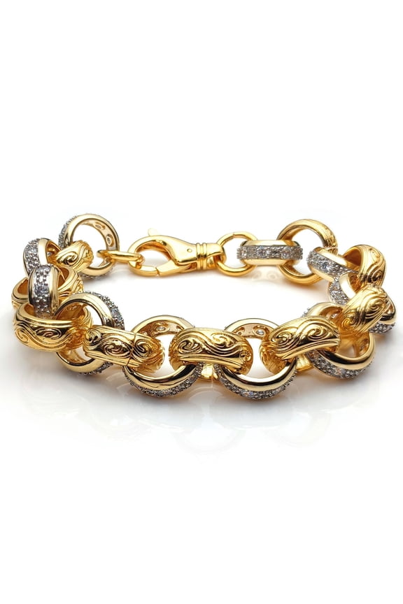 Flash-plated Brass Jewelco London Patterned CZ Belcher 14mm Bracelet 7.75" 20cm